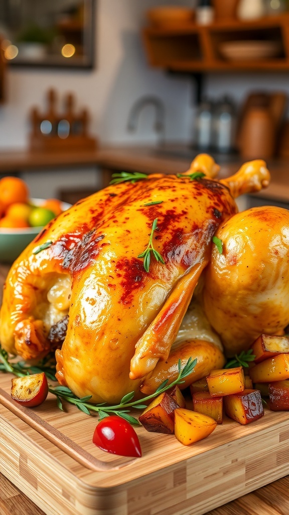 A golden brown rotisserie chicken on a cutting board with fresh herbs and roasted vegetables.
